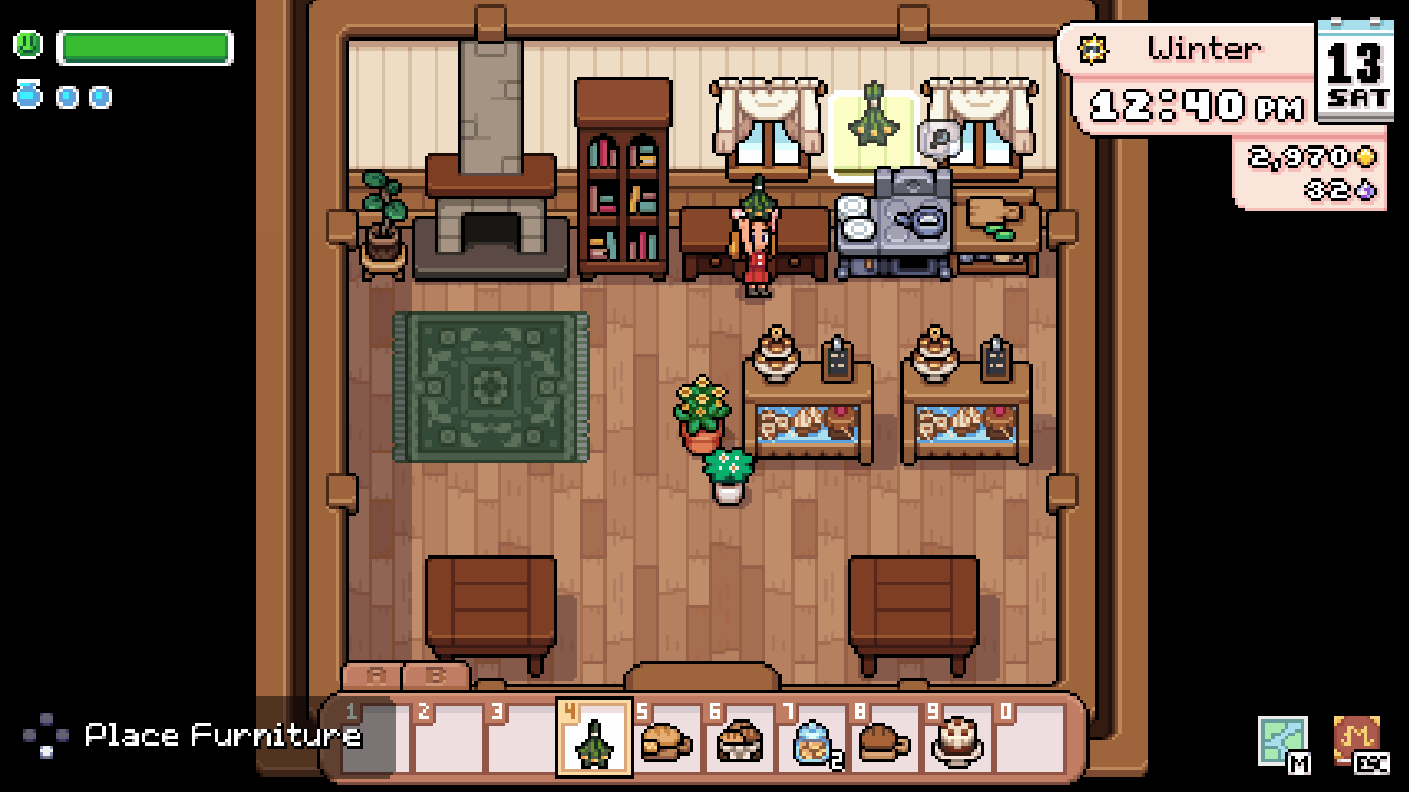 2. Check the highlighted preview A green wall decoration is highlighted between the windows while its toolbar slot is selected.